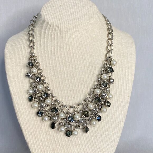 Chunky Bib Necklace Silver Tone Mesh With Black And White Beads - Picture 1 of 15